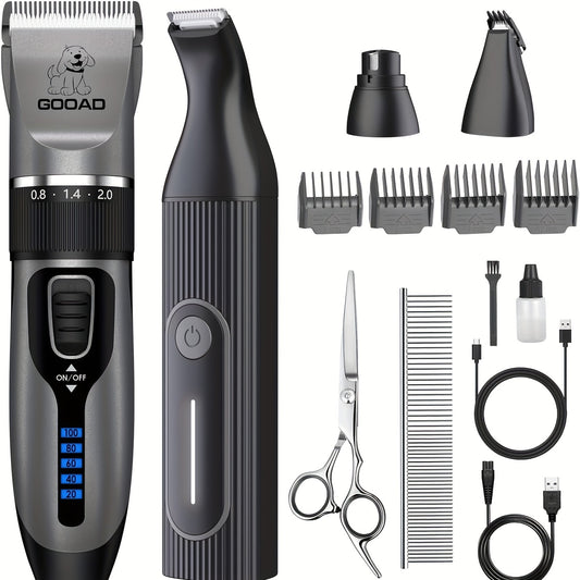 GOOAD Pro Pet Grooming Bundle - Advanced Quiet Clippers & Nail Grinder - Rechargeable Cordless Set for Effortless Trimming of Thick or Fine Hair - Perfect Dog & Cat Grooming Solution for All Sizes