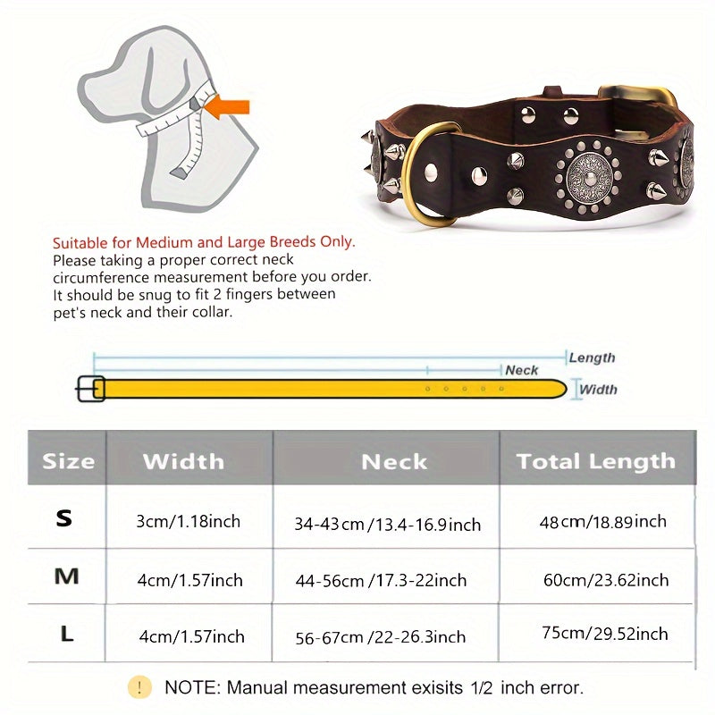 Genuine Leather Dog Collar, Spiked Studded Dog Neck Collar Durable Dog Rivet Collar With Alloy Buckle