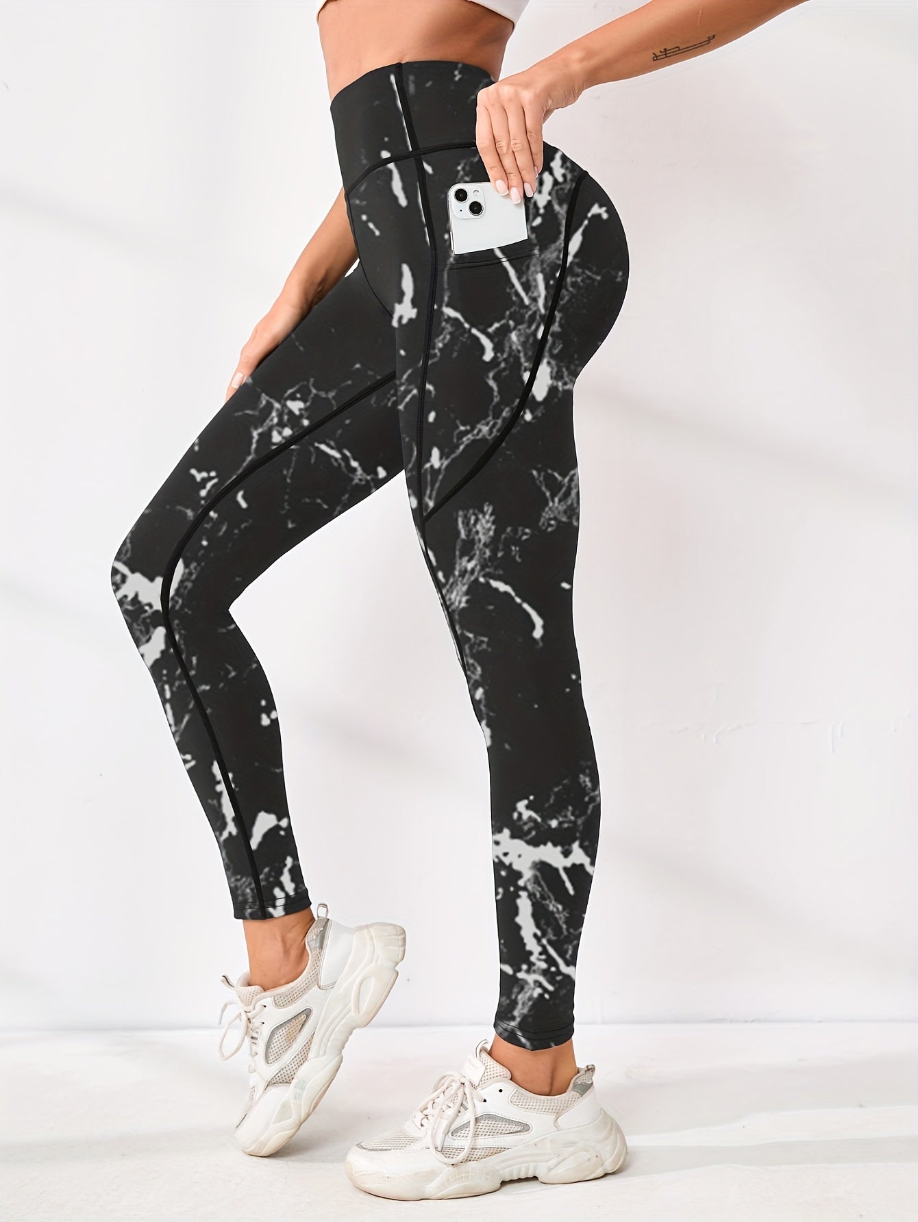 Womens Flattering High Waist Yoga Pants - Sculpting Slimming Effect with Side Pockets for Running & Fitness - Fashionable Marble Print Athletic Leggings