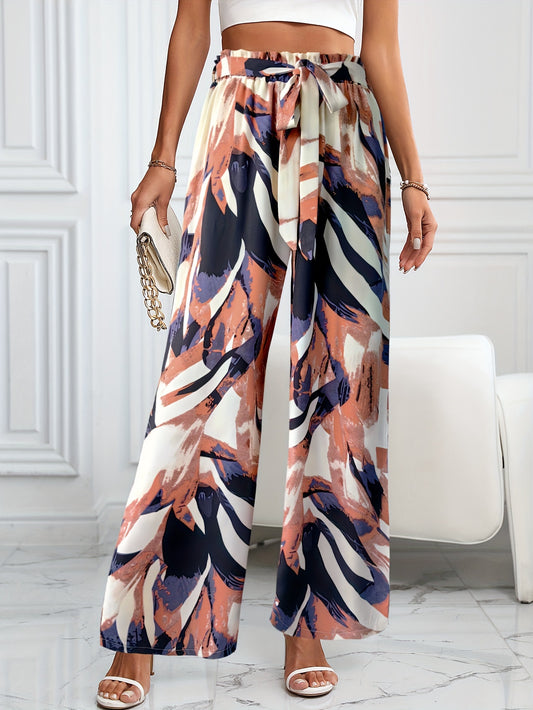 Elegant Women's Straight-Leg Pants with Chic Plant Print - Tie-Front, Non-Stretch for Spring/Summer