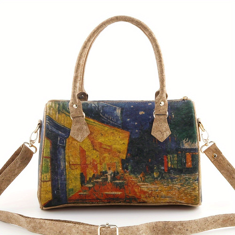 Retro Oil Painting Small Boston Bag, Classic Textured Top Handle Satchel Bag For Women