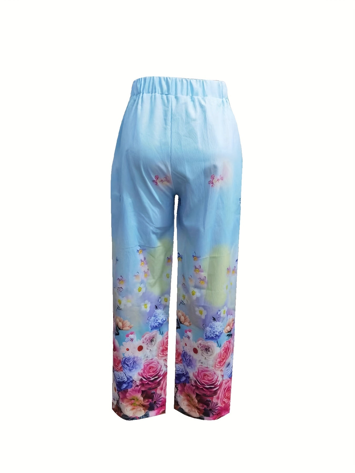 Chic Animal & Floral Applique Wide-Leg Pants - High Waist, Dual Pockets for Women's Casual All-Season Wear