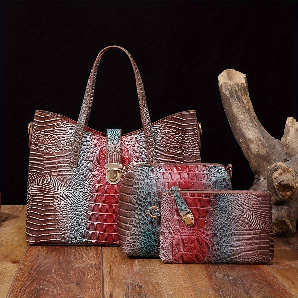 3pcs Gradient Color Purse Set, Fashion Crocodile Pattern Tote Bag, Women's Handbag With Crossbody Bag And Mini Coin Purse