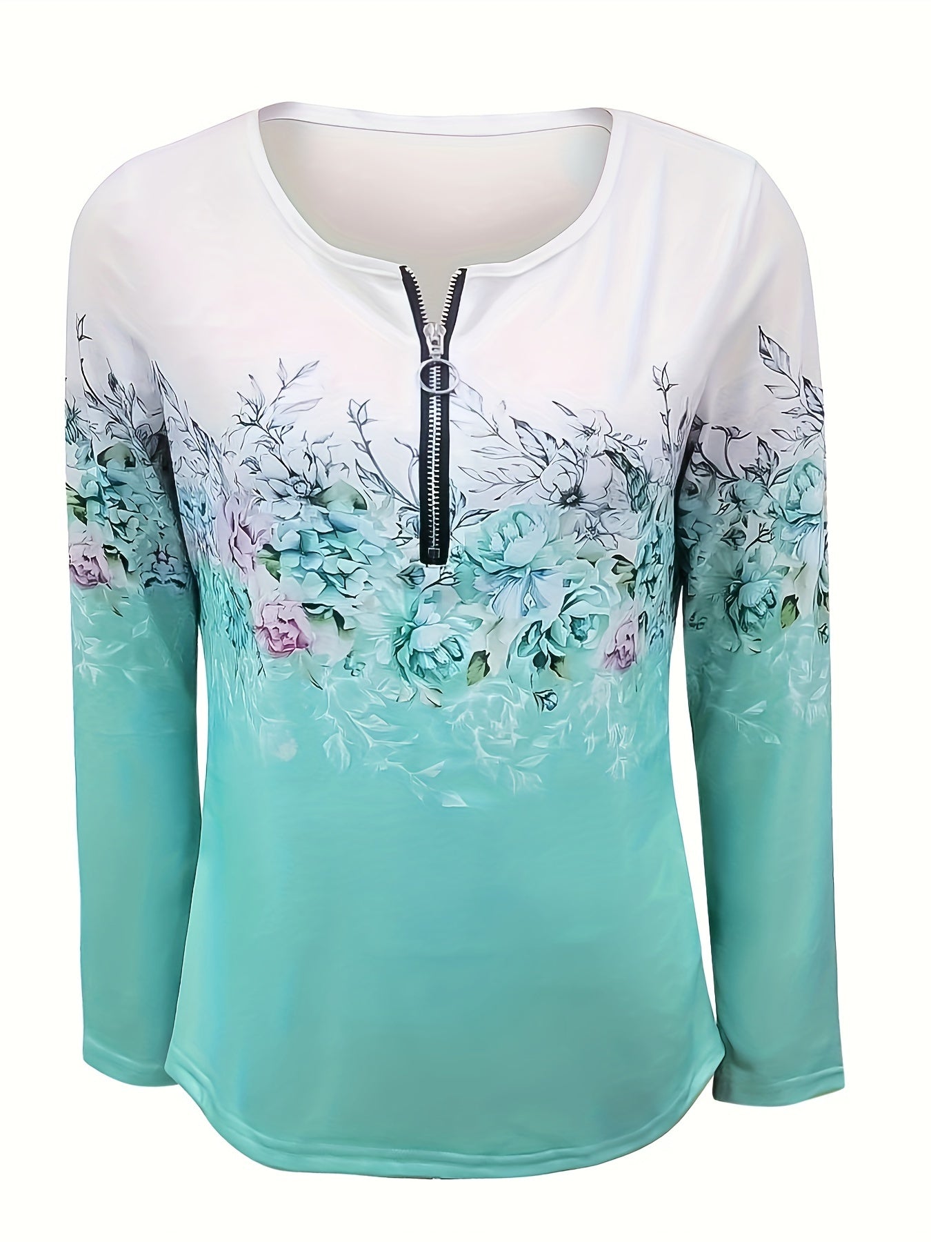 Floral Print Zip Up T-shirt, Casual Long Sleeve Top For Spring & Fall, Women's Clothing