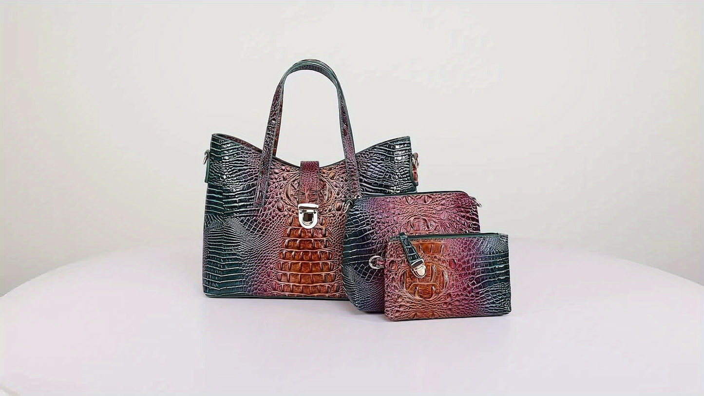 3pcs Gradient Color Purse Set, Fashion Crocodile Pattern Tote Bag, Women's Handbag With Crossbody Bag And Mini Coin Purse