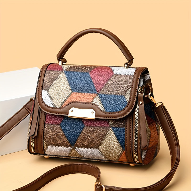 Chic Retro Geometric Handbag - Stylish PU Leather, Trendy Colorblock Flap, Convertible Crossbody to Shoulder Bag for Elegant Daily Style