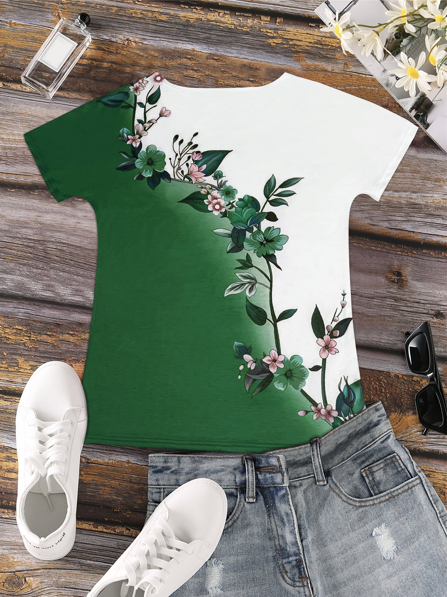 Floral Print Colorblock Crew Neck T-Shirt, Casual Short Sleeve Top For Spring & Summer, Women's Clothing