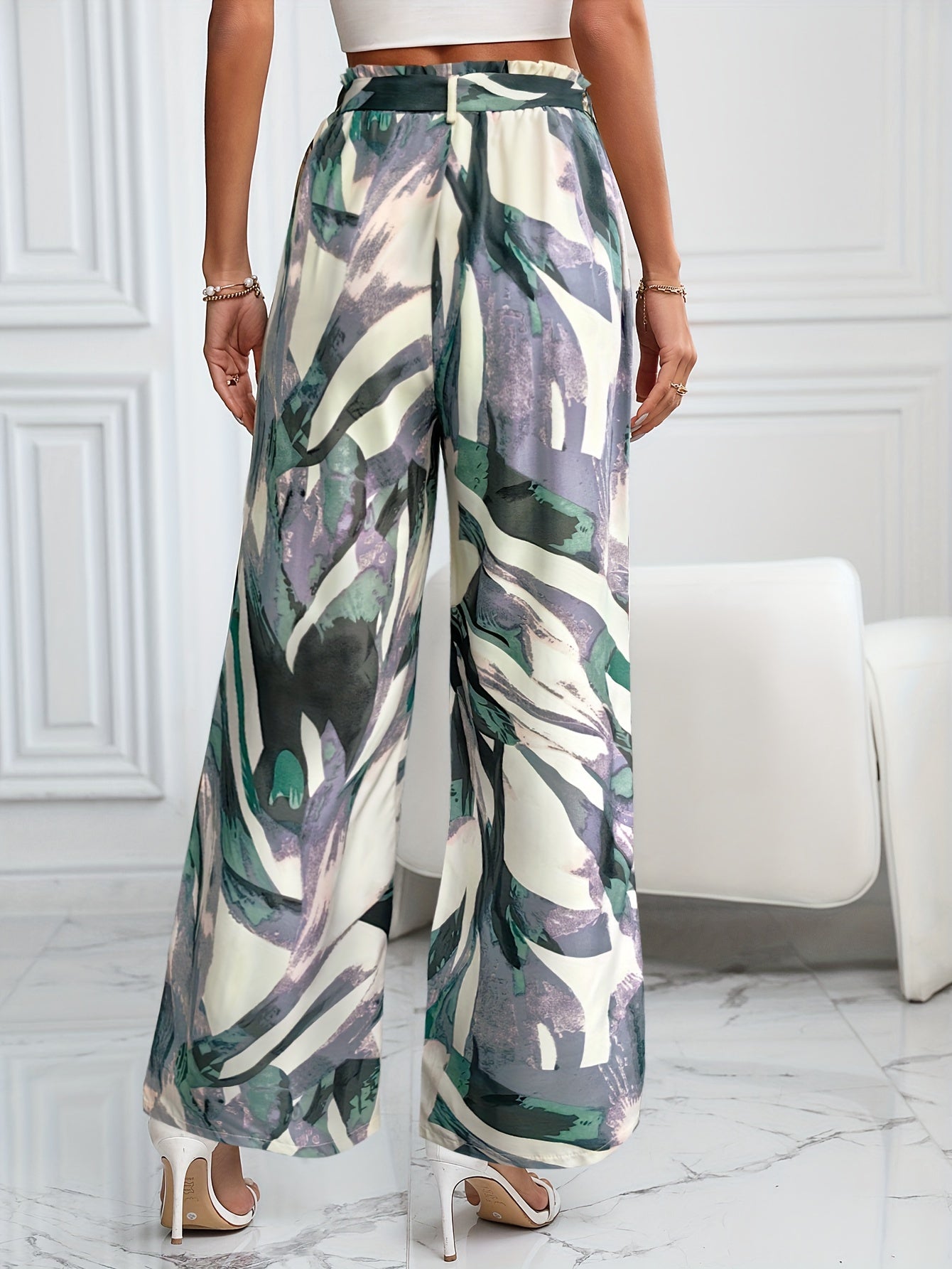 Elegant Women's Straight-Leg Pants with Chic Plant Print - Tie-Front, Non-Stretch for Spring/Summer