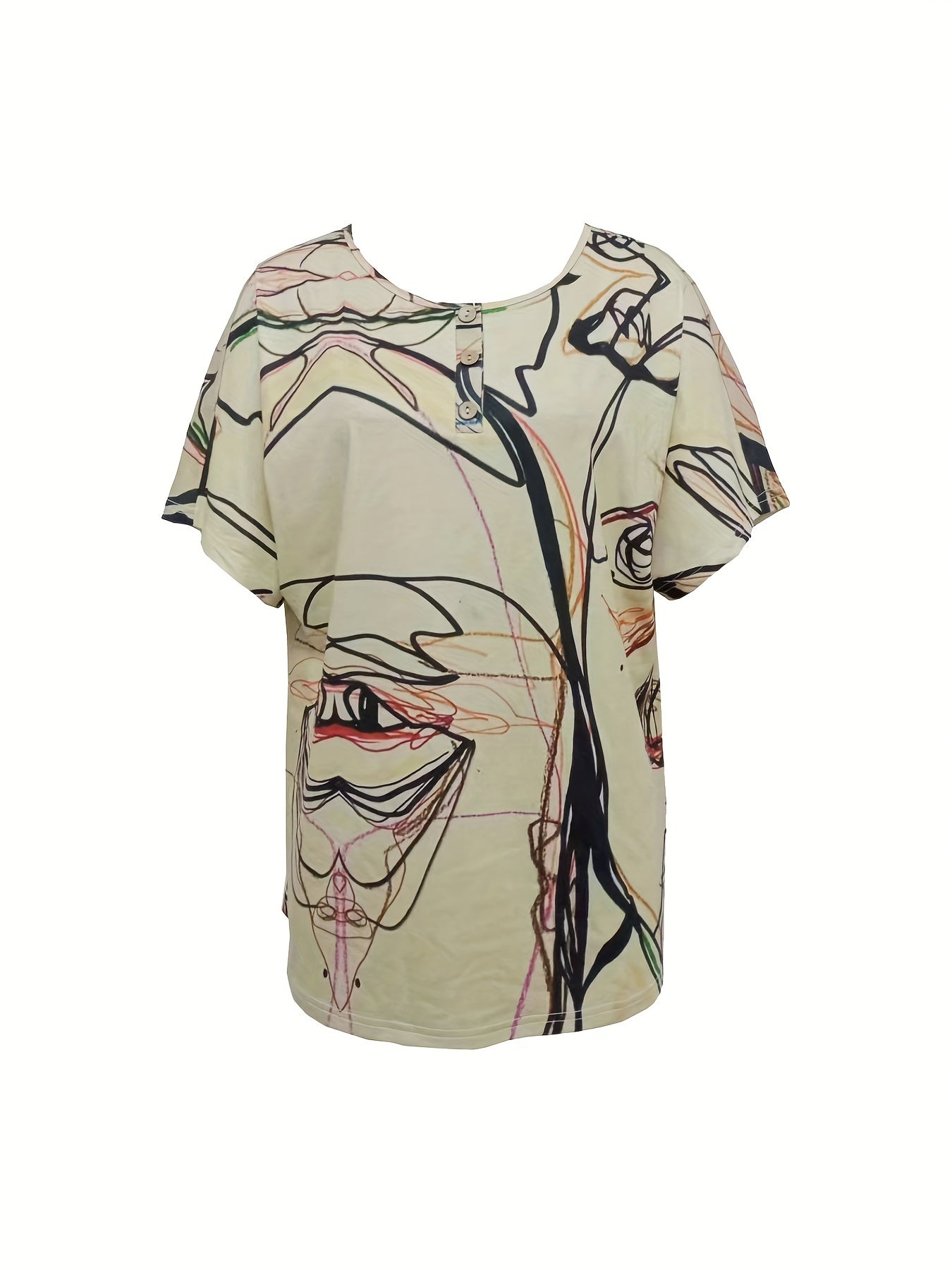 Abstract Print Button Front T-shirt, Casual Crew Neck T-shirt For Spring & Summer, Women's Clothing