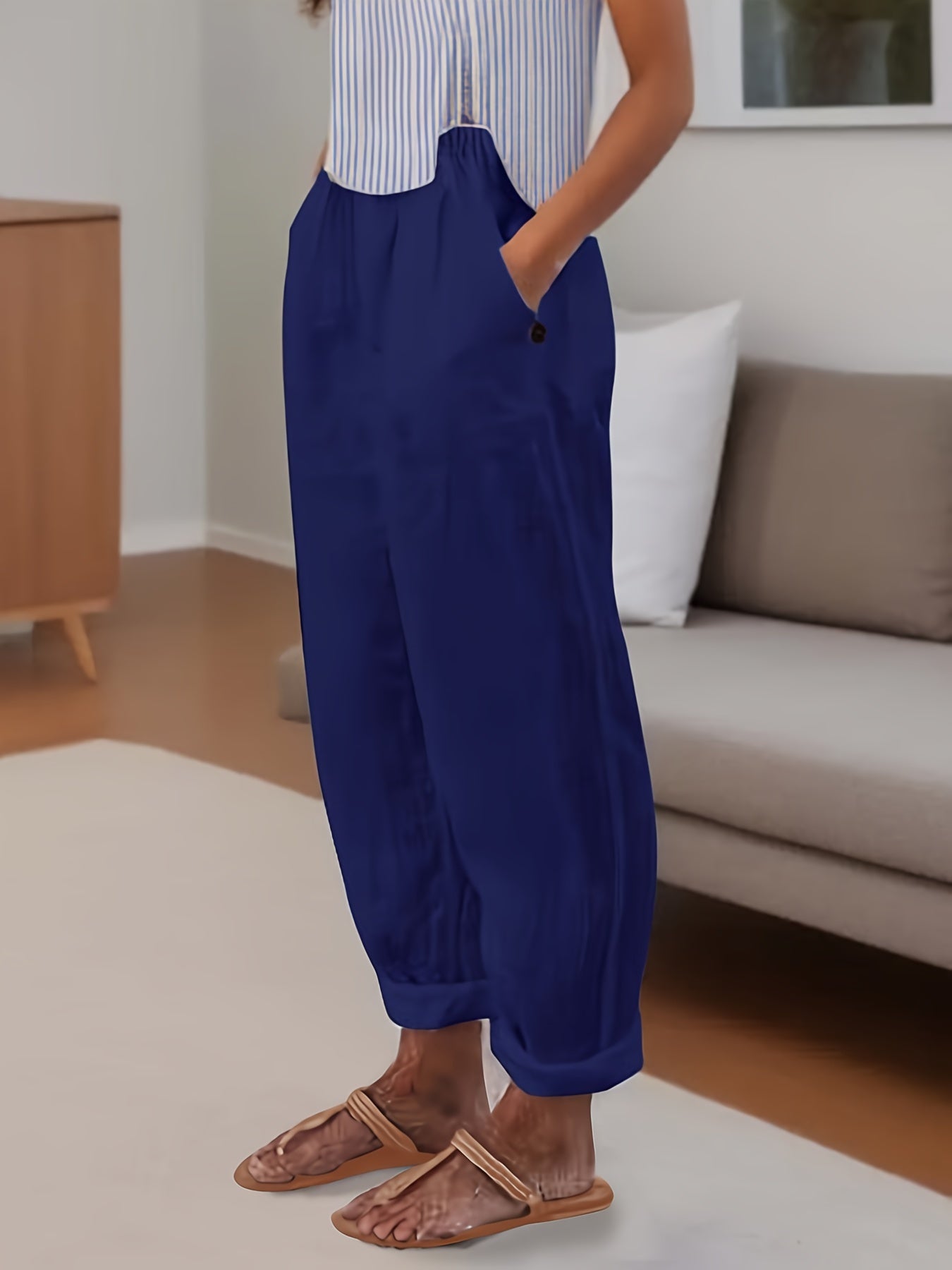 Minimalist Solid Versatile Pants, Casual Wide Leg Elastic Waist Summer Pants, Women's Clothing