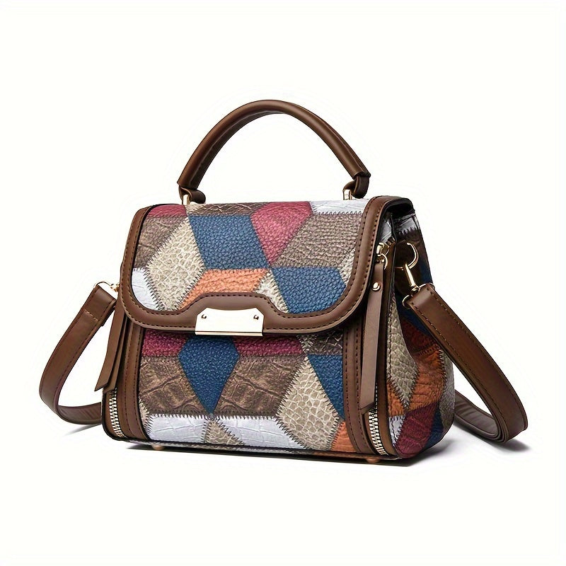 Chic Retro Geometric Handbag - Stylish PU Leather, Trendy Colorblock Flap, Convertible Crossbody to Shoulder Bag for Elegant Daily Style