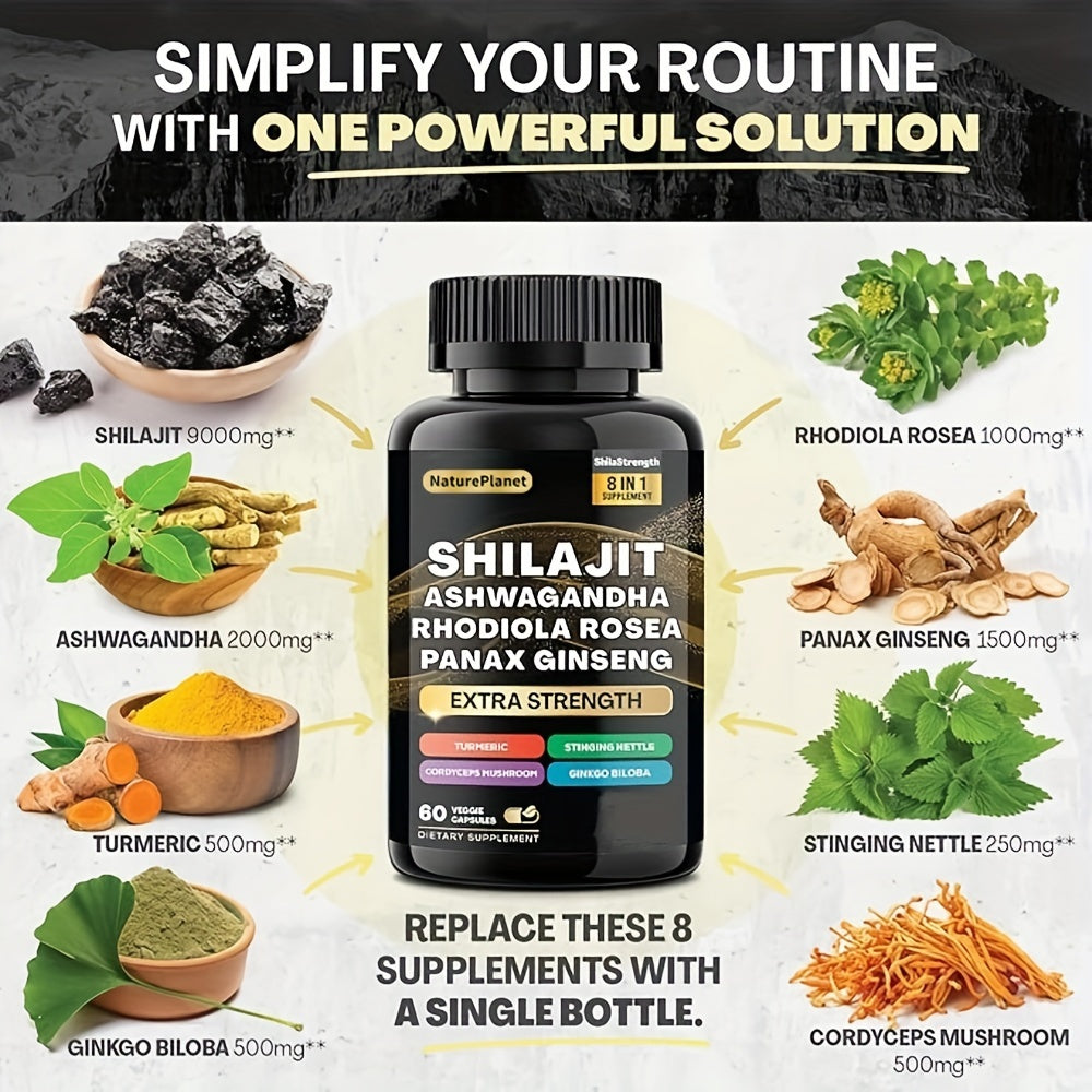 NaturePlanet, 1btl/2btls, 8 In 1 Ultimate Synergy Blend, Energy & Stamina Supplement Wiyan Shilajit 9000MG, Ashwagandha 2000MG, Rhodiola Rosea 1000MG, Panax Ginseng 1500MG, Turmeric 500MG, Ginkgo Biloba  60 Veggie Capsulesth Pure Himala