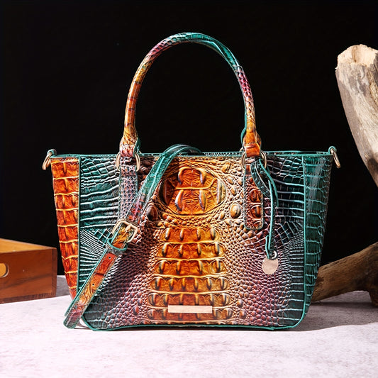 Crocodile Pattern Leather Handbag, Vintage Gradient Color Shoulder Bag, Women's Top Handle Satchel Purse