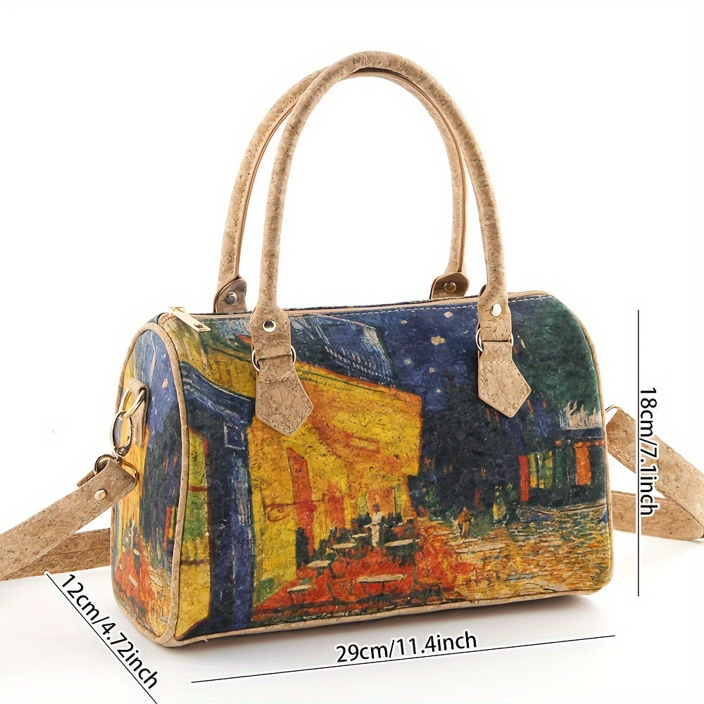 Retro Oil Painting Small Boston Bag, Classic Textured Top Handle Satchel Bag For Women