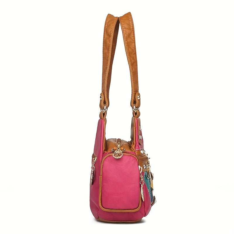 Fashion-Forward PU Leather Hobo Shoulder Bag: Secure Zipper, Rivet Decor, & Stylish Stitching for the Trendy Woman