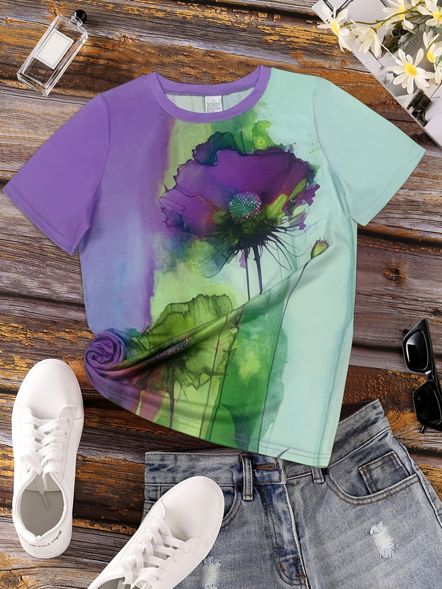 Floral Print T-shirt, Casual Short Sleeve Crew Neck Top For Spring & Summer, Women's Clothing