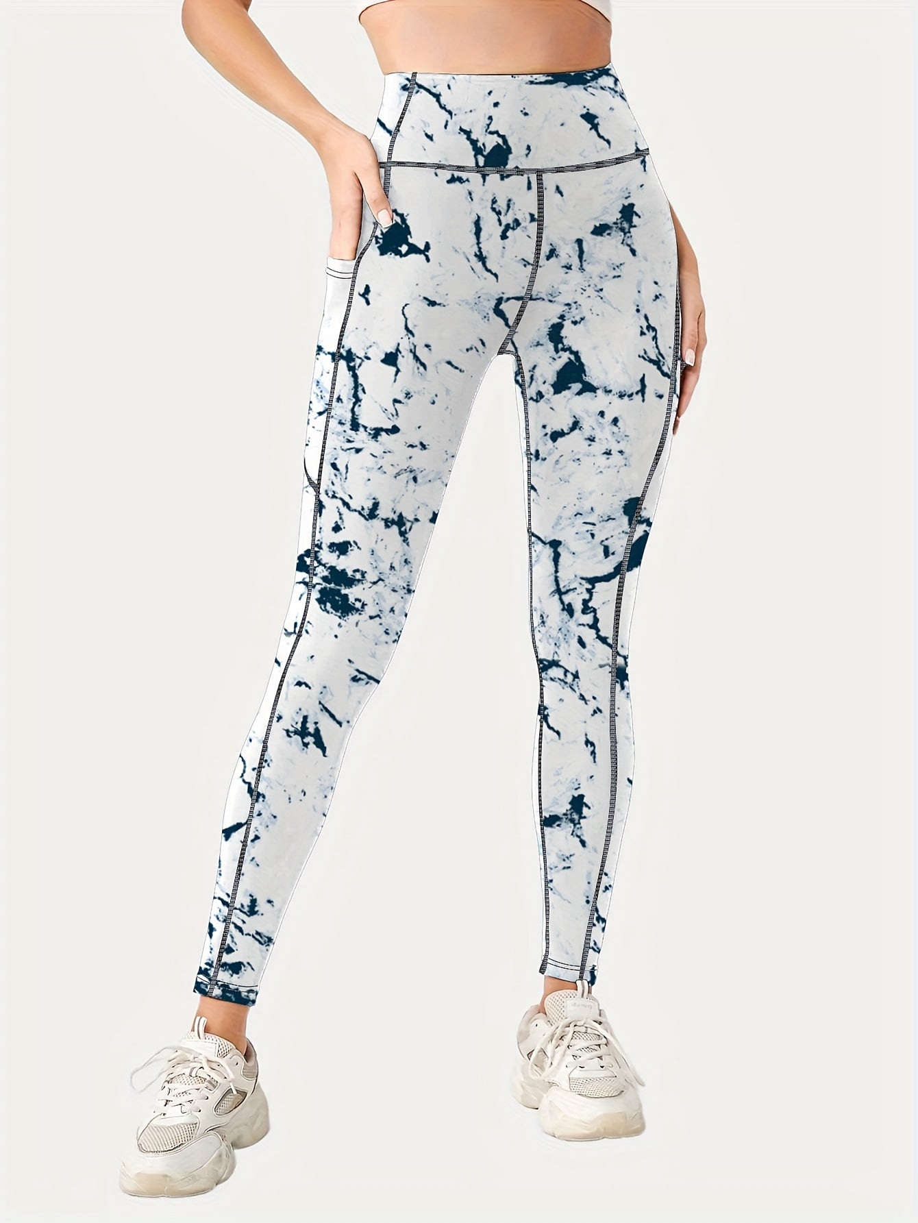 Womens Flattering High Waist Yoga Pants - Sculpting Slimming Effect with Side Pockets for Running & Fitness - Fashionable Marble Print Athletic Leggings