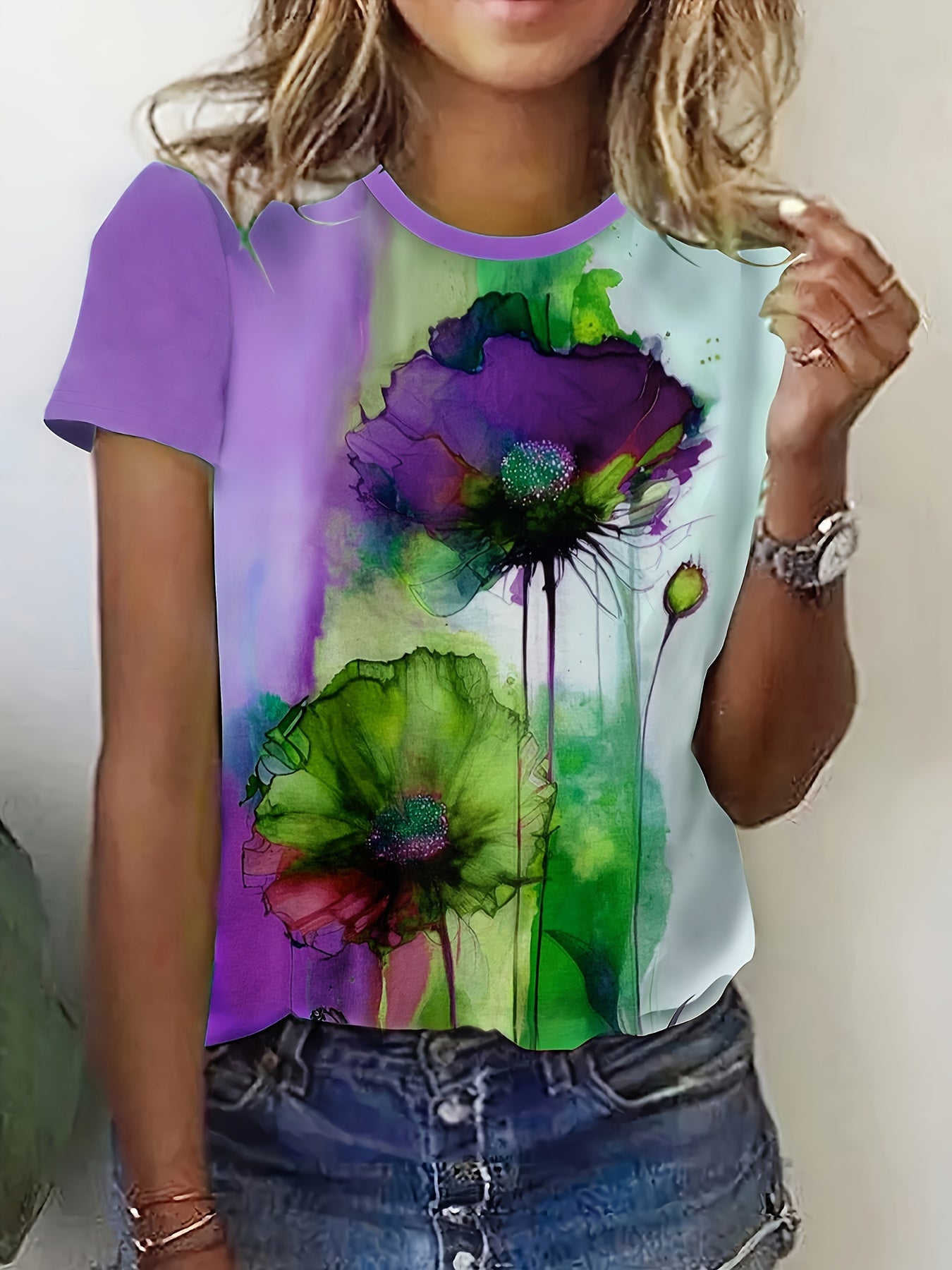 Floral Print T-shirt, Casual Short Sleeve Crew Neck Top For Spring & Summer, Women's Clothing