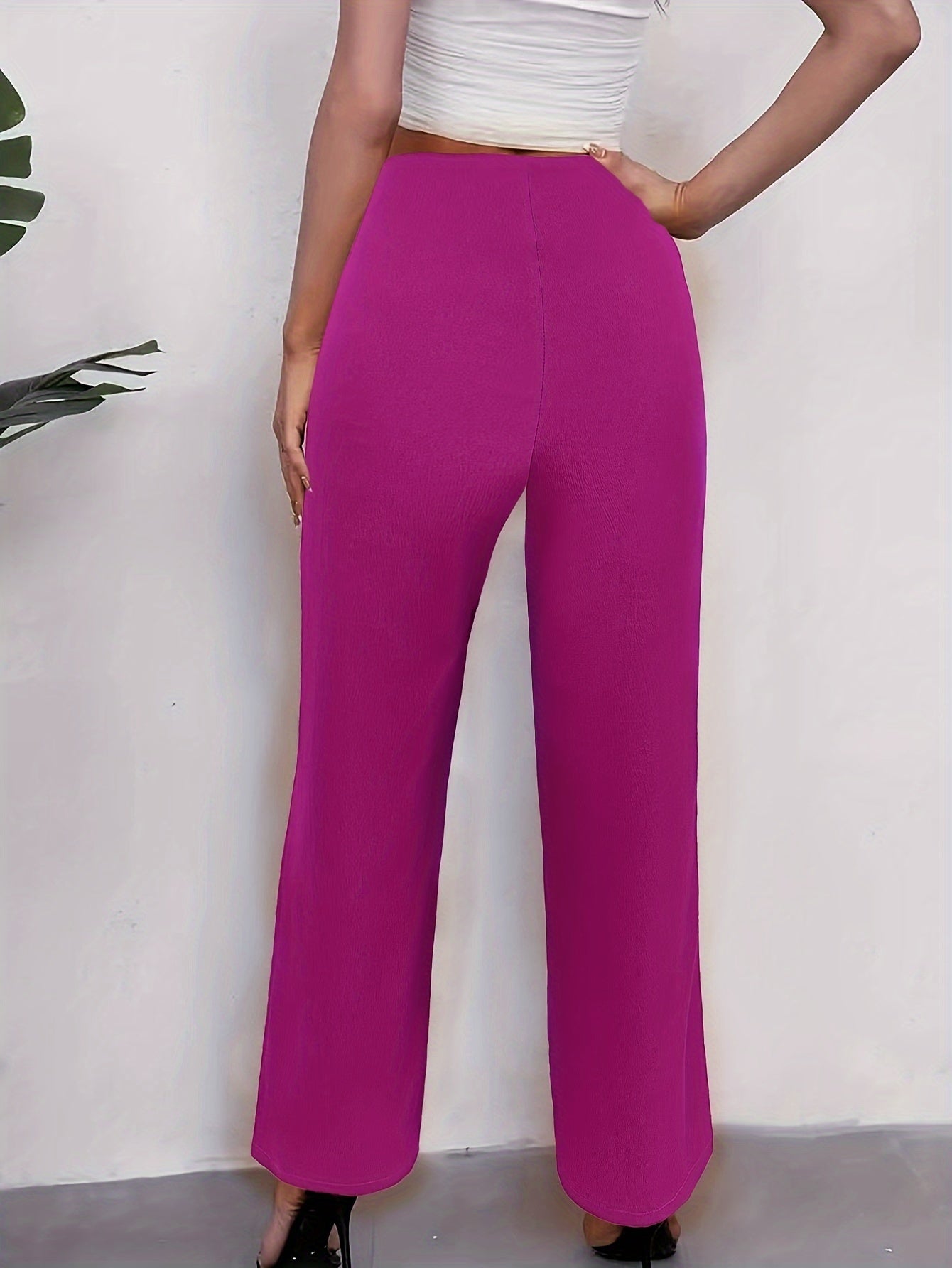 Solid Loose Straight Leg Pants, Casual Button High Waist Fashion Pants, Women's Clothing