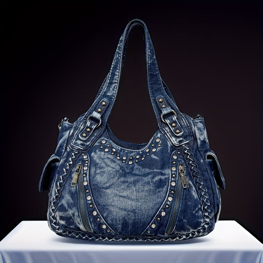 Retro Riveted Denim Hobo Bag - Stylish Casual Shoulder Bag for Women - Versatile, Durable, Timeless Crossbody Style