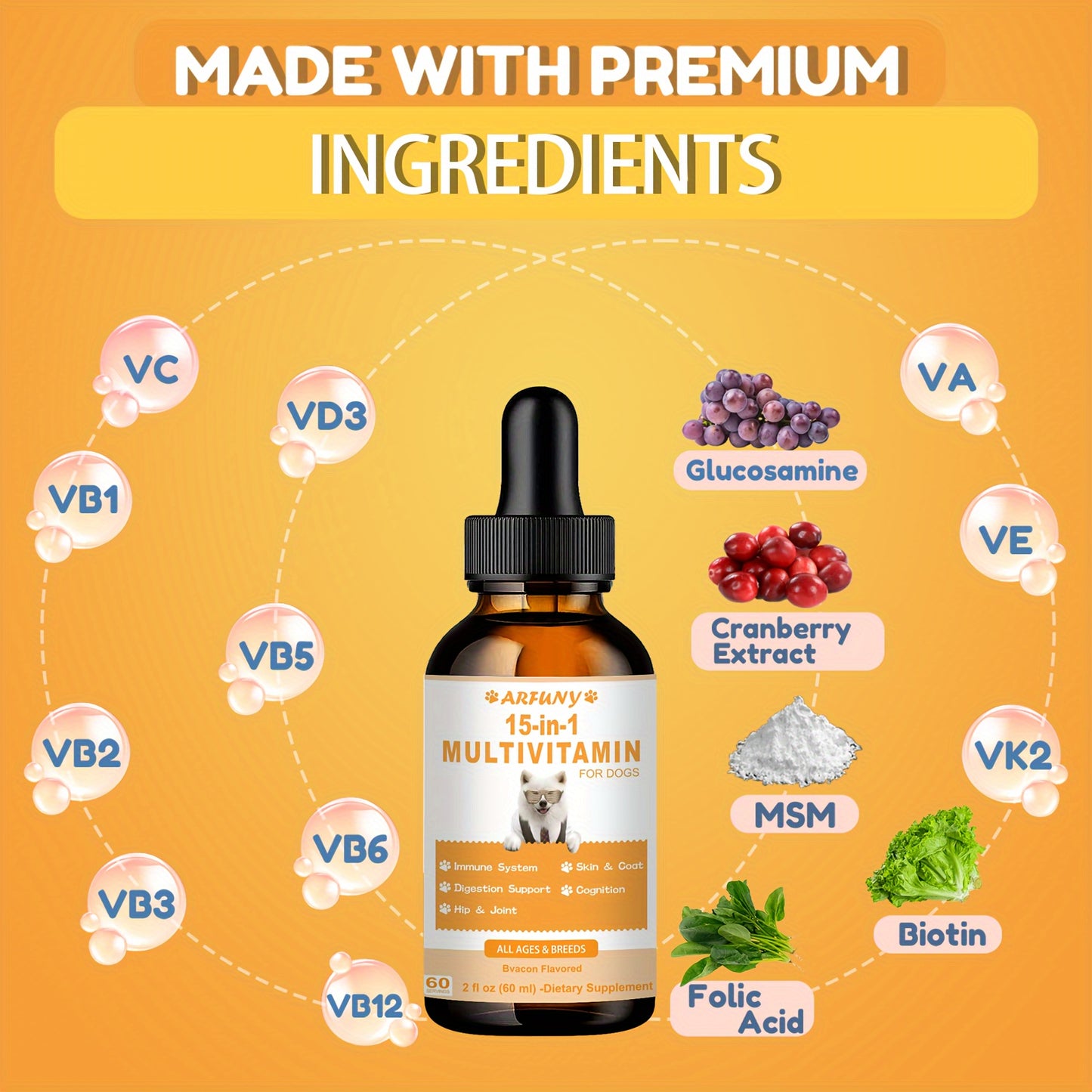 15 in 1 Multivitamin for Dogs, 2oz Liquid Vitamin Supplements for Dogs, 60ML Dog Multivitamin Drops, Essential Vitamins for Dogs, Dog Healthy Supplement