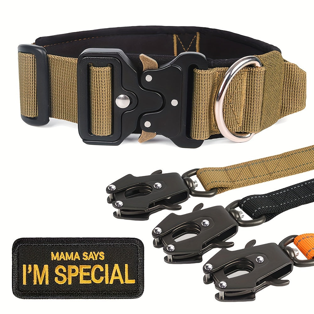 Robust Tactical Dog Collar & Elastic Leash Set - Heavy Duty with Quick-Release Buckle, Uncharged Patterned Polyamide, and Mama Says Im Special Patch for Medium to Large Dogs