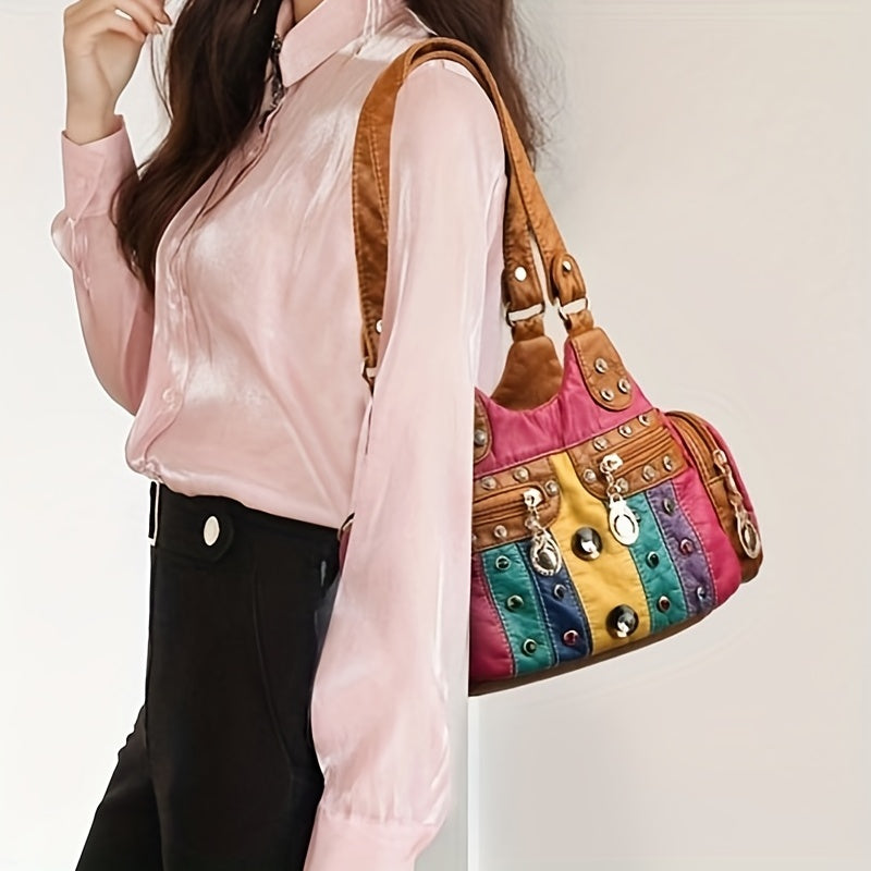 Fashion-Forward PU Leather Hobo Shoulder Bag: Secure Zipper, Rivet Decor, & Stylish Stitching for the Trendy Woman