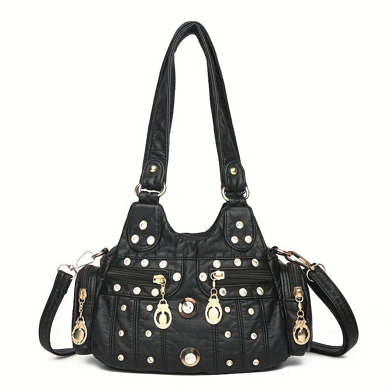 Fashion-Forward PU Leather Hobo Shoulder Bag: Secure Zipper, Rivet Decor, & Stylish Stitching for the Trendy Woman