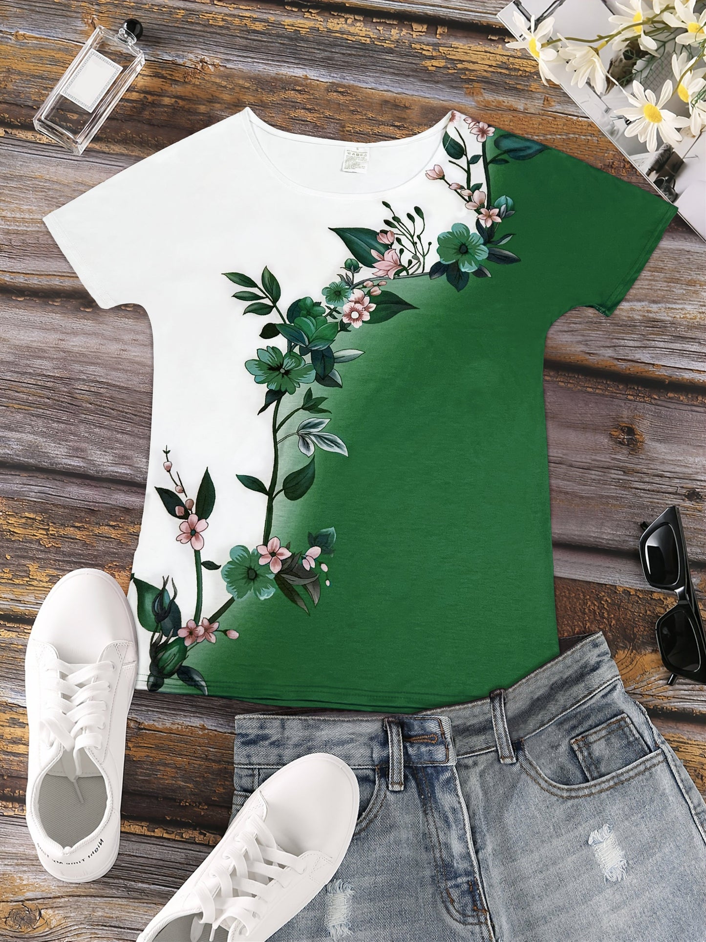 Floral Print Colorblock Crew Neck T-Shirt, Casual Short Sleeve Top For Spring & Summer, Women's Clothing