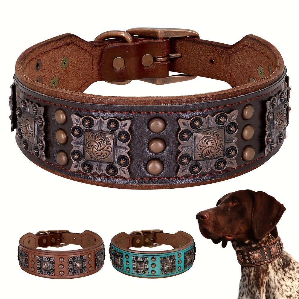 Heavy Duty Studded Leather Dog Collar for Medium and Large Dogs - Durable and Comfortable