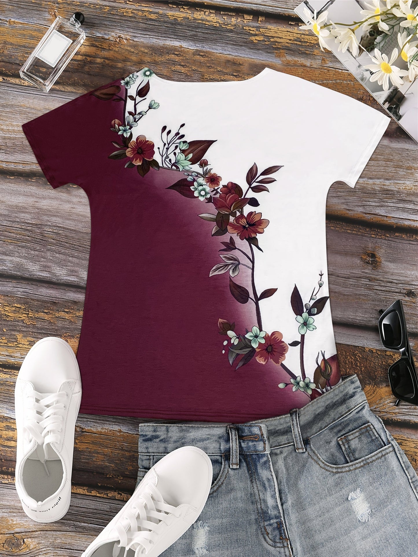 Floral Print Colorblock Crew Neck T-Shirt, Casual Short Sleeve Top For Spring & Summer, Women's Clothing