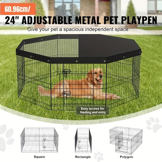 Durable Metal Dog Playpen - 8 Panel Foldable Design with Top Cover, 24 Height - Secure Indoor/Outdoor Pet Fence for Camping & Yard - Perfect for Small to Medium Puppies and Pets