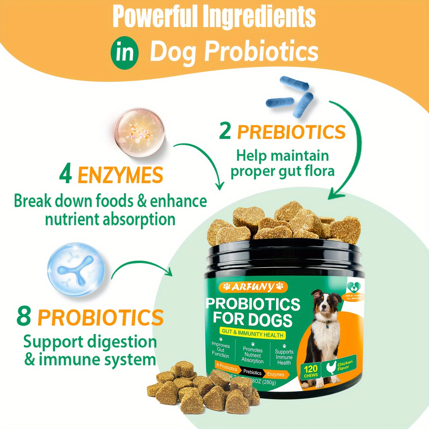 2 Packs Probiotic Chews For Dogs, Dog Probiotic Healthy Supplement, Dog Prebiotic and Digestive Enzymes Chews, Dog Probiotic Food, Chicken Flavor, 240 Chews