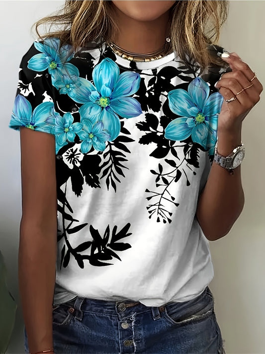 Floral Print Crew Neck T-Shirt, Casual Short Sleeve T-Shirt For Every Day, Women's Clothing