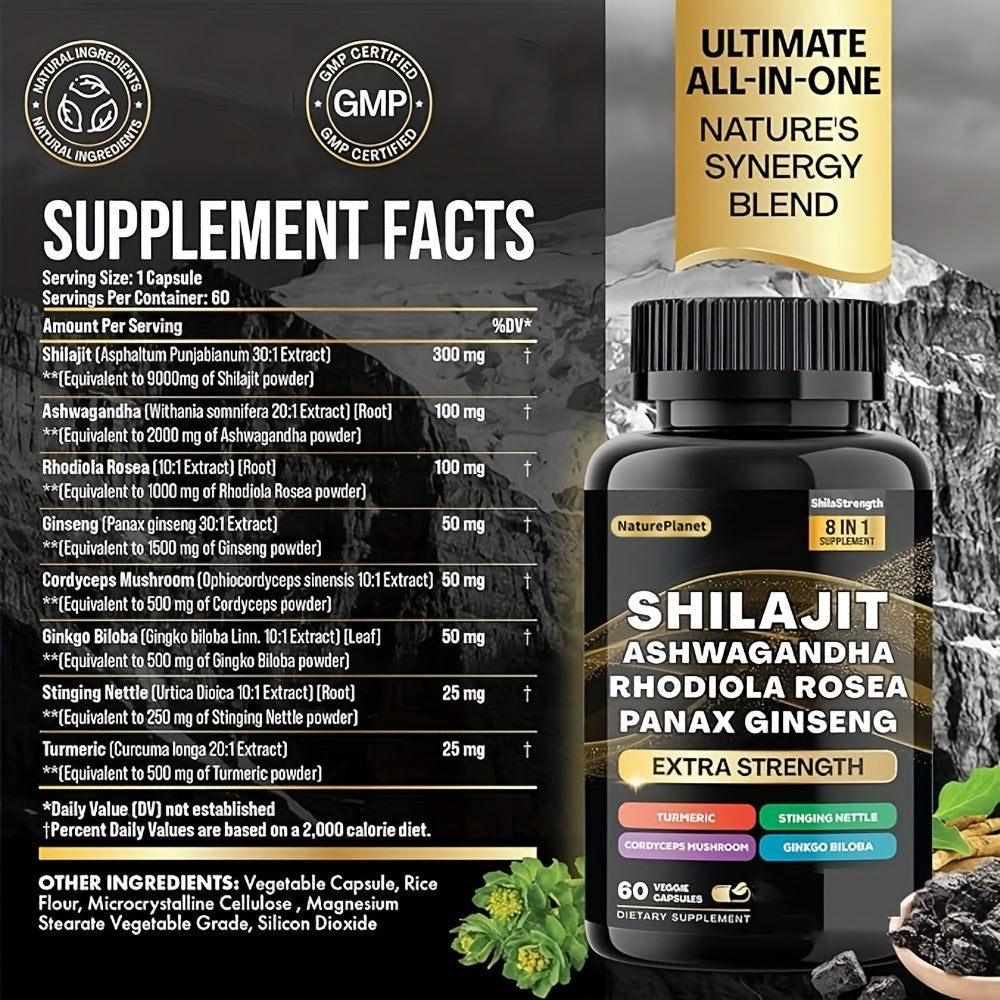 NaturePlanet, 1btl/2btls, 8 In 1 Ultimate Synergy Blend, Energy & Stamina Supplement Wiyan Shilajit 9000MG, Ashwagandha 2000MG, Rhodiola Rosea 1000MG, Panax Ginseng 1500MG, Turmeric 500MG, Ginkgo Biloba  60 Veggie Capsulesth Pure Himala