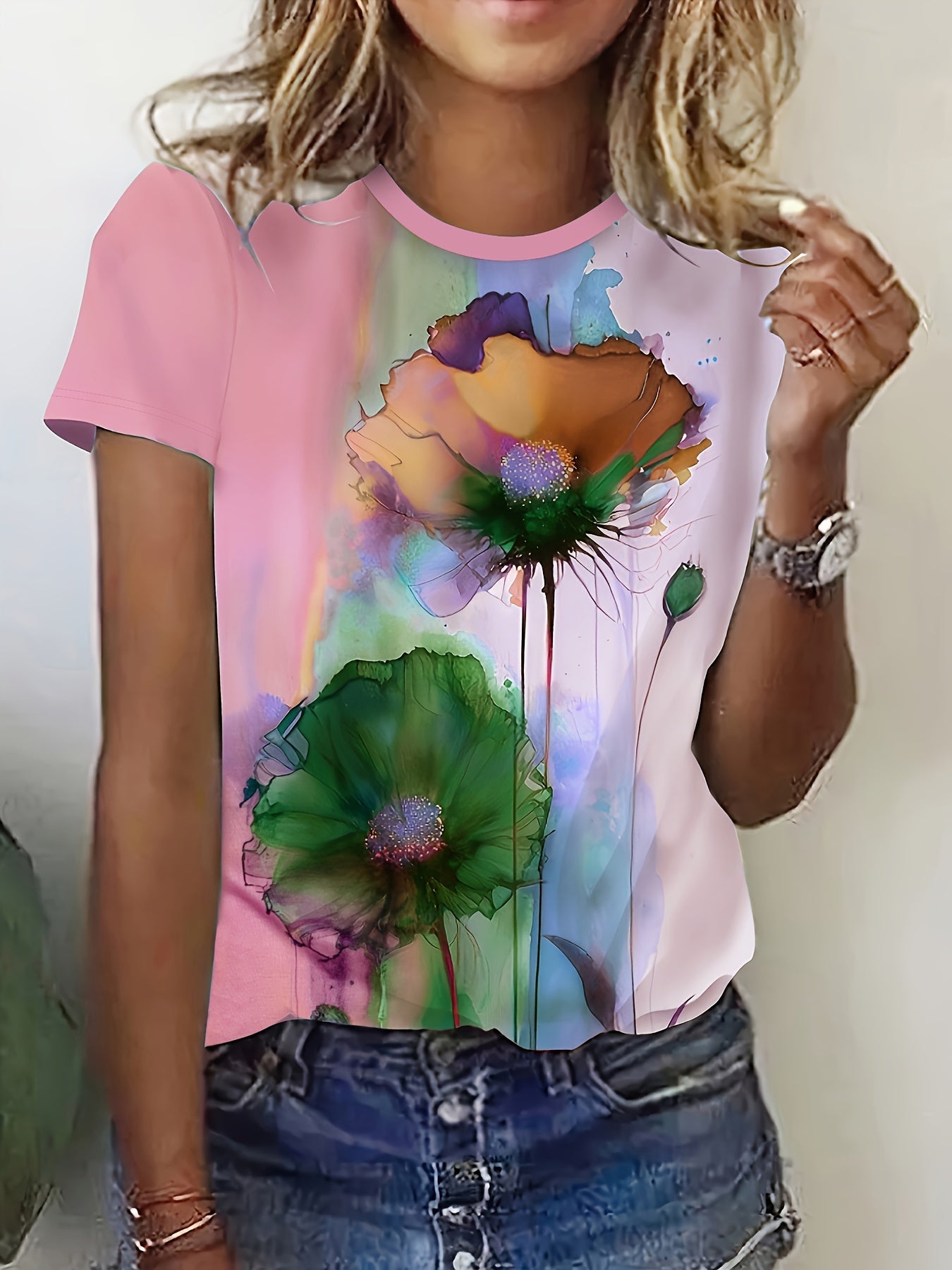 Floral Print T-shirt, Casual Short Sleeve Crew Neck Top For Spring & Summer, Women's Clothing