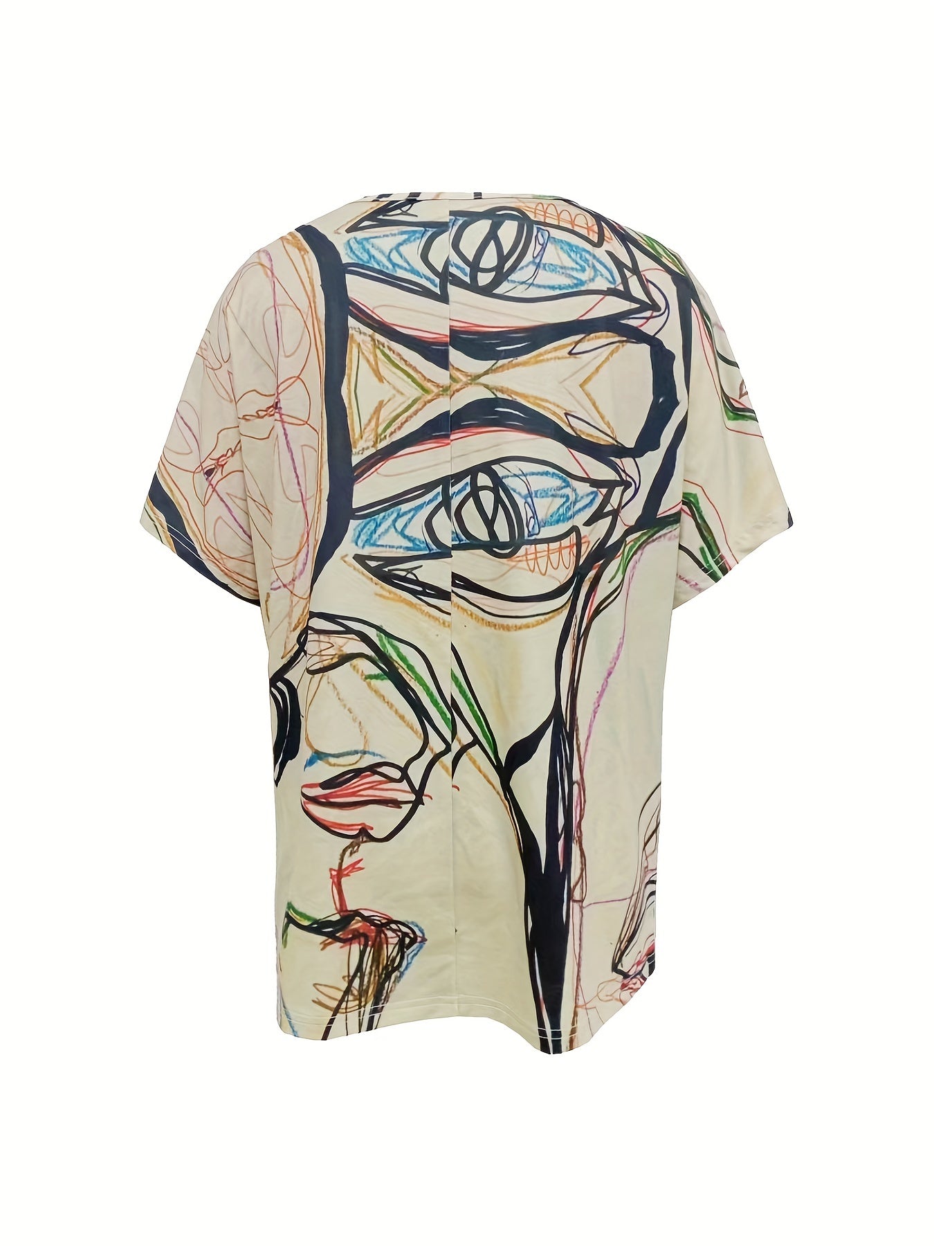 Abstract Print Button Front T-shirt, Casual Crew Neck T-shirt For Spring & Summer, Women's Clothing