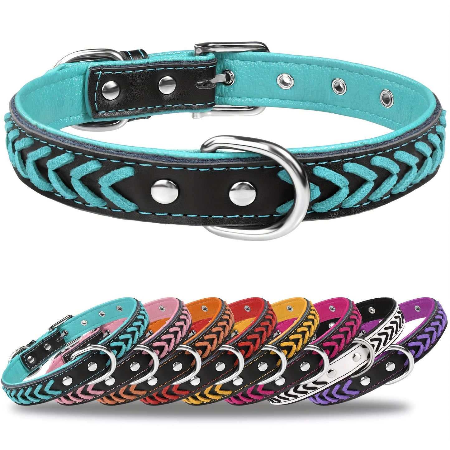 Taglory Leather Dog Collar, Stylish Braided Padded Dog Collars With Double D-Rings, Dog Collars For Small Medium Large Dog