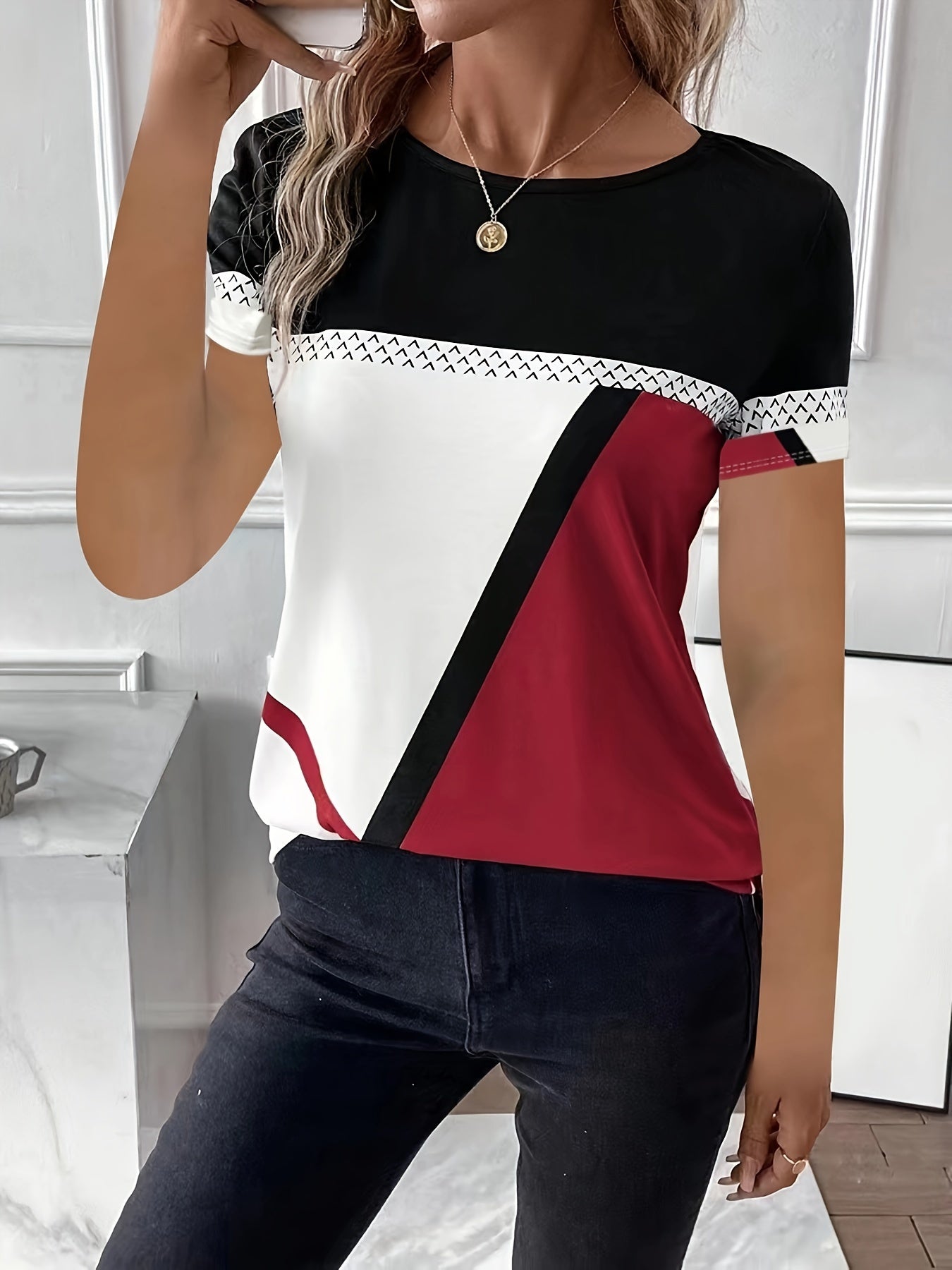 Color Block Crew Neck T-Shirt, Casual Short Sleeve T-Shirt For Spring & Summer, Women's Clothing