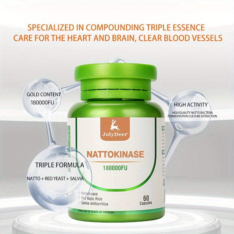 JulyDeer Nattokinase Supplement 180, 000 FU Servings - Soy, 60 Capsules Systemic Enzymes for Cardiovascular and Circulatory Support