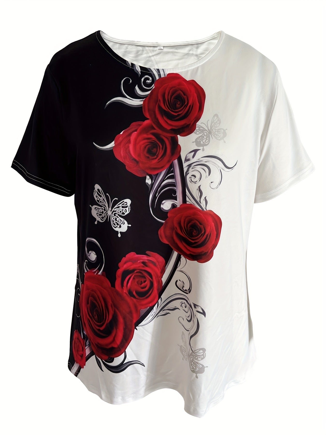 Plus Size Casual T-shirt, Women's Plus Colorblock Rose Print Short Sleeve Round Neck Slight Stretch T-shirt