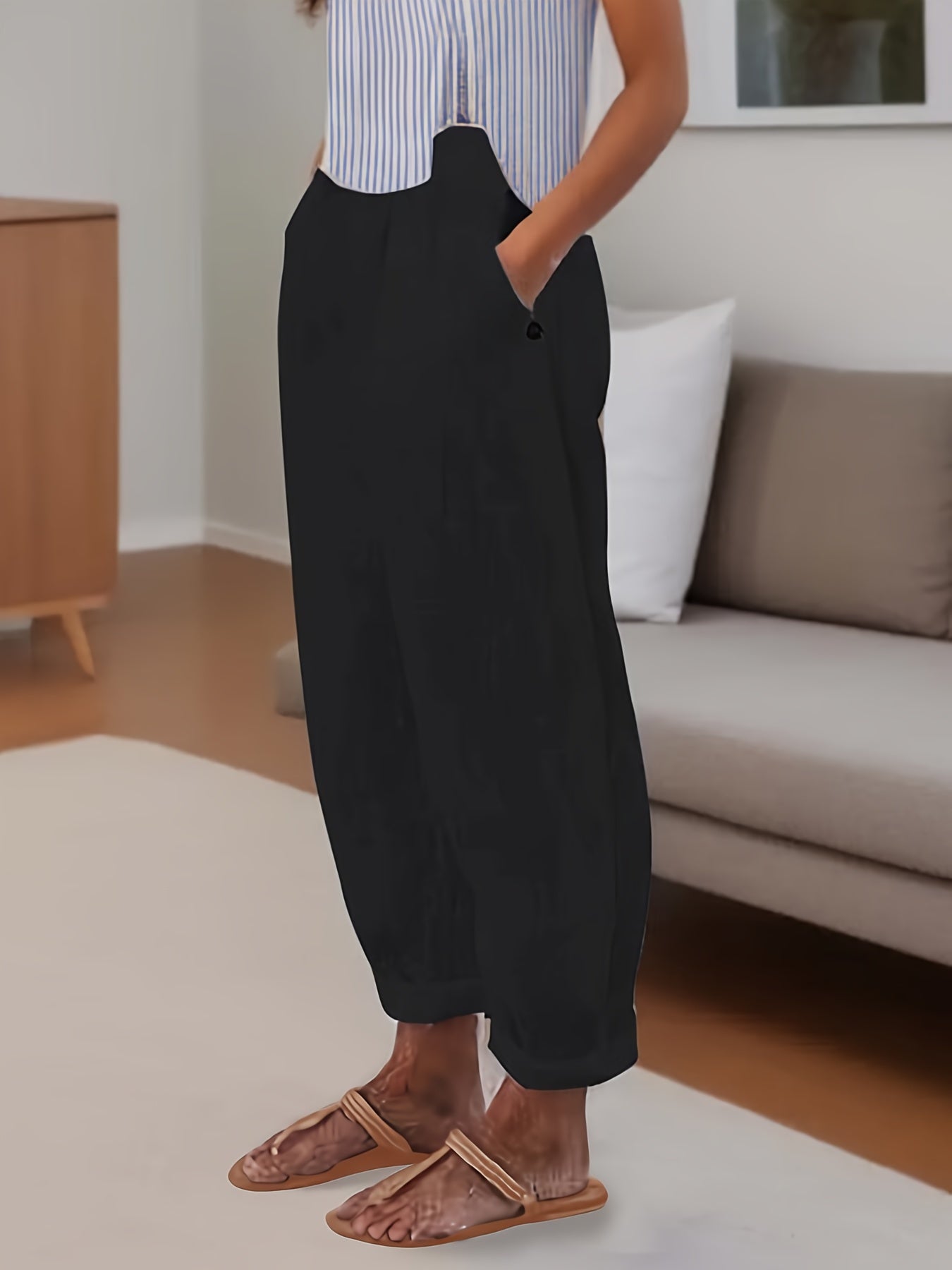 Minimalist Solid Versatile Pants, Casual Wide Leg Elastic Waist Summer Pants, Women's Clothing