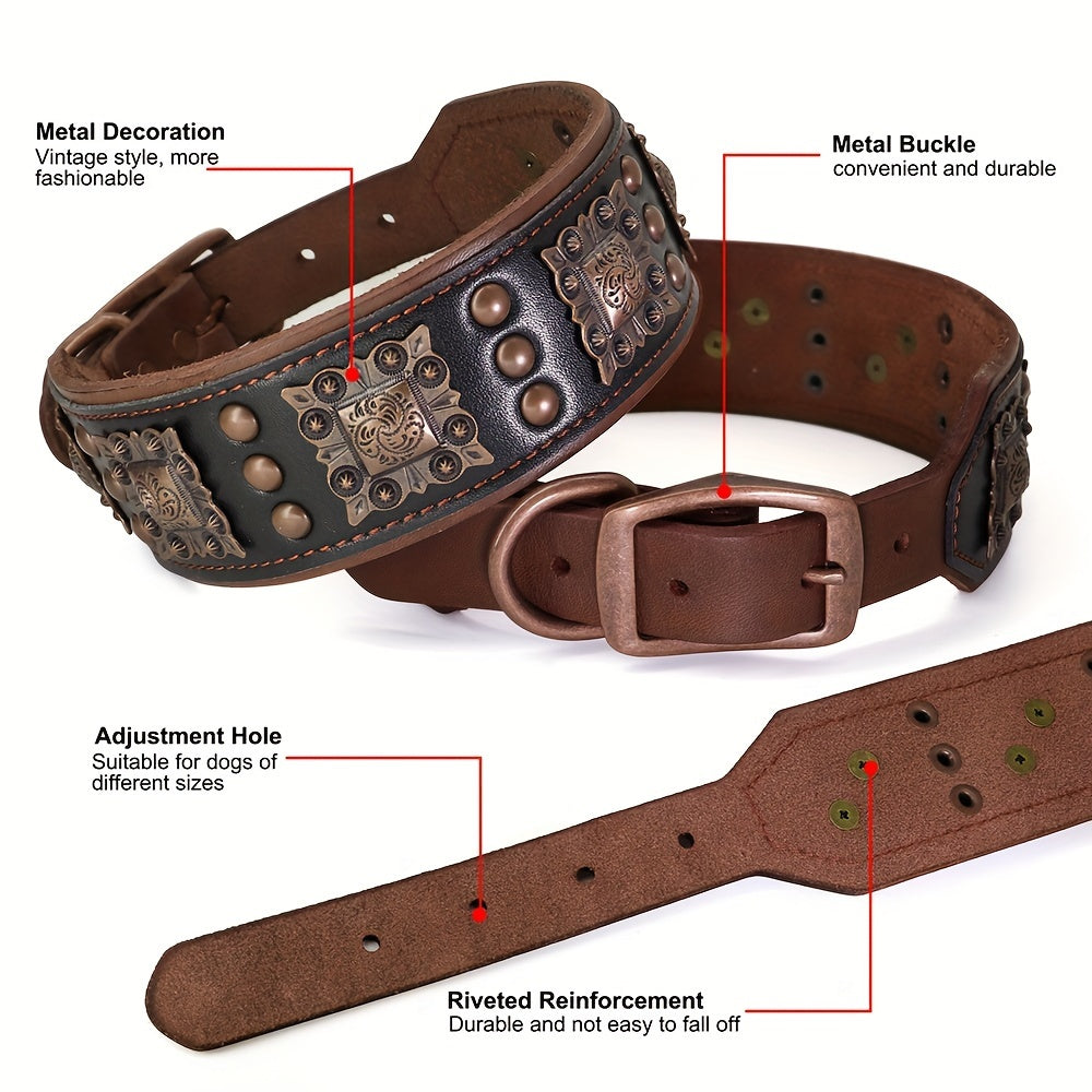 Heavy Duty Studded Leather Dog Collar for Medium and Large Dogs - Durable and Comfortable