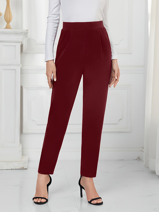 Chic Solid High Waist Slim Tapered Pants - Elegant Everyday Style with Slant Pockets for Spring & Fall - Comfortable Womens Clothing Wardrobe Staple