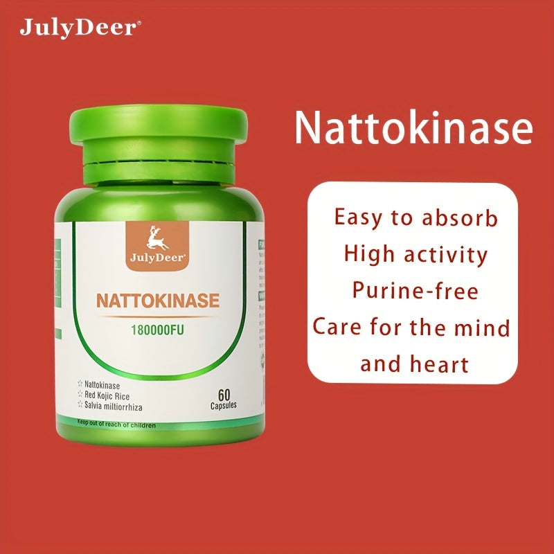 JulyDeer Nattokinase Supplement 180, 000 FU Servings - Soy, 60 Capsules Systemic Enzymes for Cardiovascular and Circulatory Support