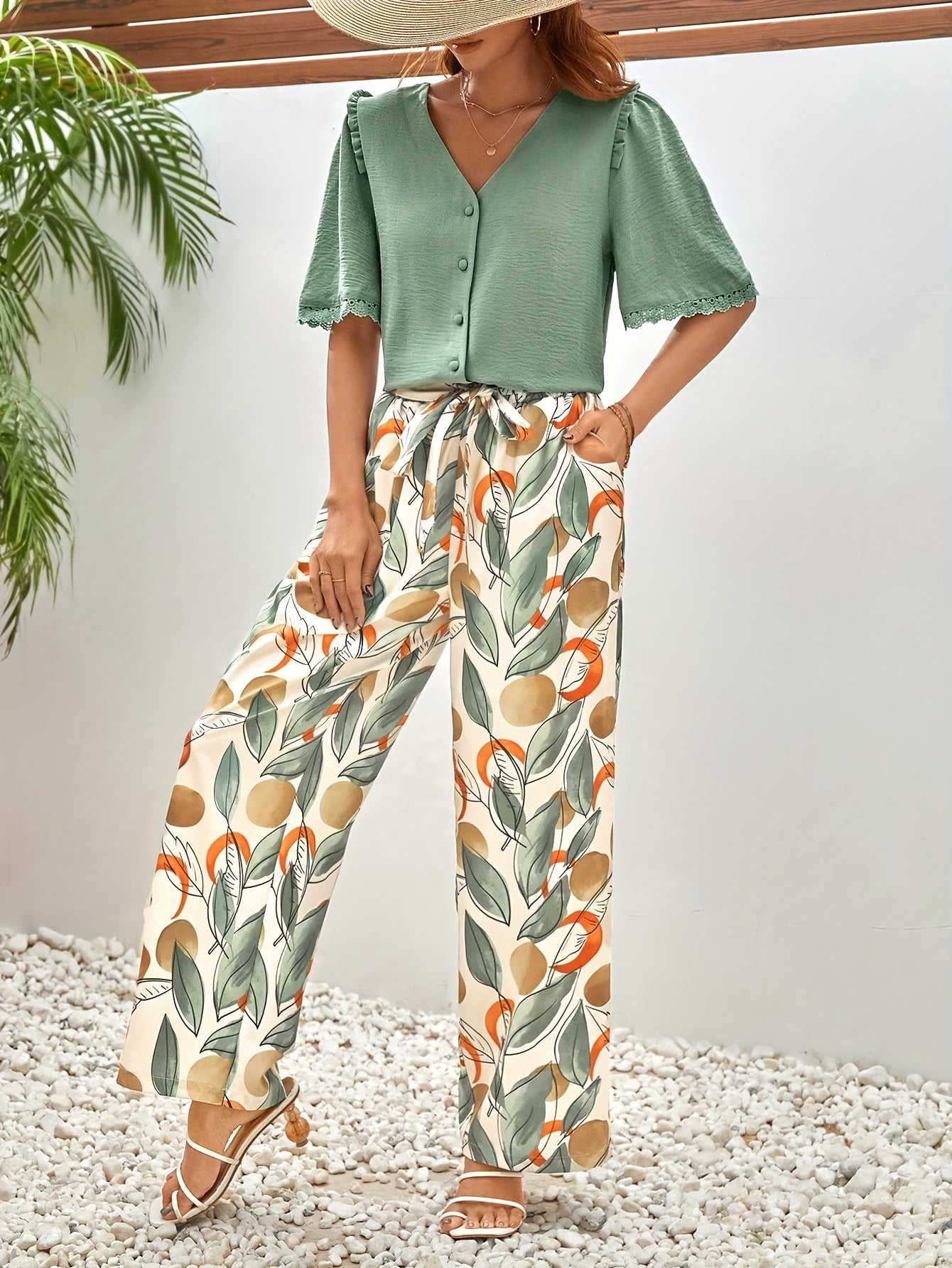 Elegant Pants Set, Solid Color V-neck Button Front Blouse & Leaves Print Straight Leg Loose Pants, Women's Clothing