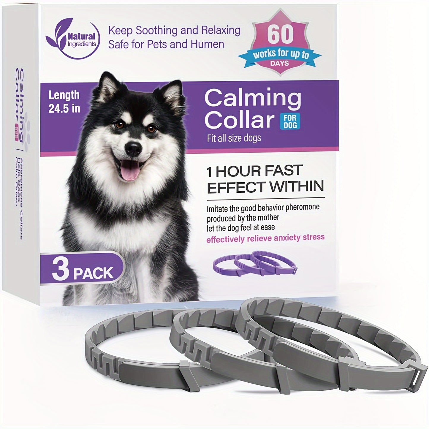 Soothing Comfort Dog Calming Collar - 3 Pack, 60-Day Anxiety Relief, Adjustable 25 Length, Breakaway Design for Safe Play - Perfect for Small, Medium, & Large Breeds