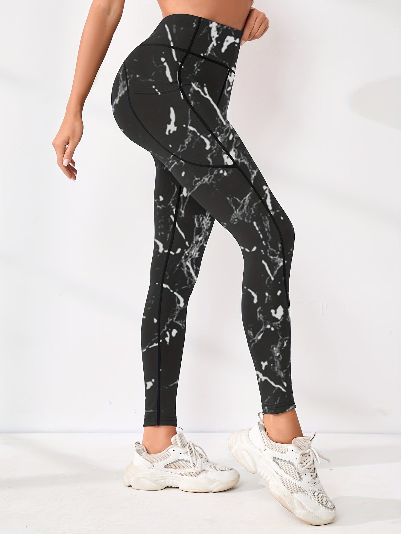 Womens Flattering High Waist Yoga Pants - Sculpting Slimming Effect with Side Pockets for Running & Fitness - Fashionable Marble Print Athletic Leggings