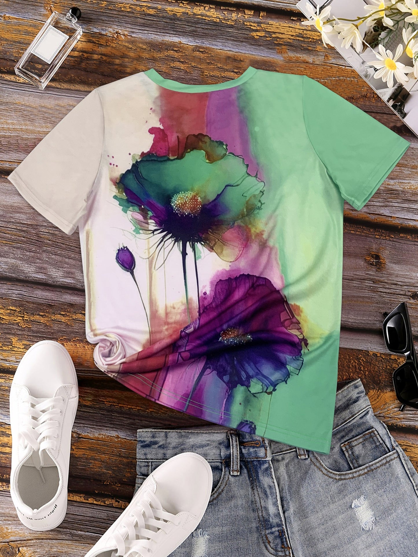 Floral Print T-shirt, Casual Short Sleeve Crew Neck Top For Spring & Summer, Women's Clothing