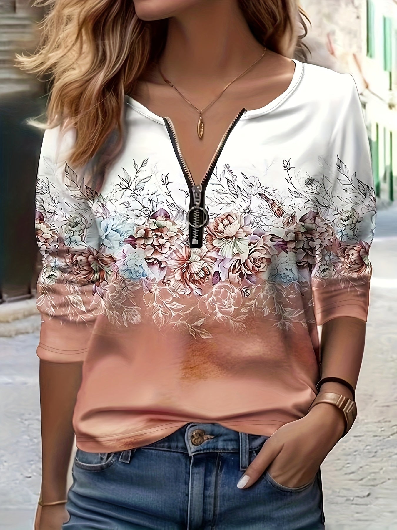 Floral Print Zip Up T-shirt, Casual Long Sleeve Top For Spring & Fall, Women's Clothing